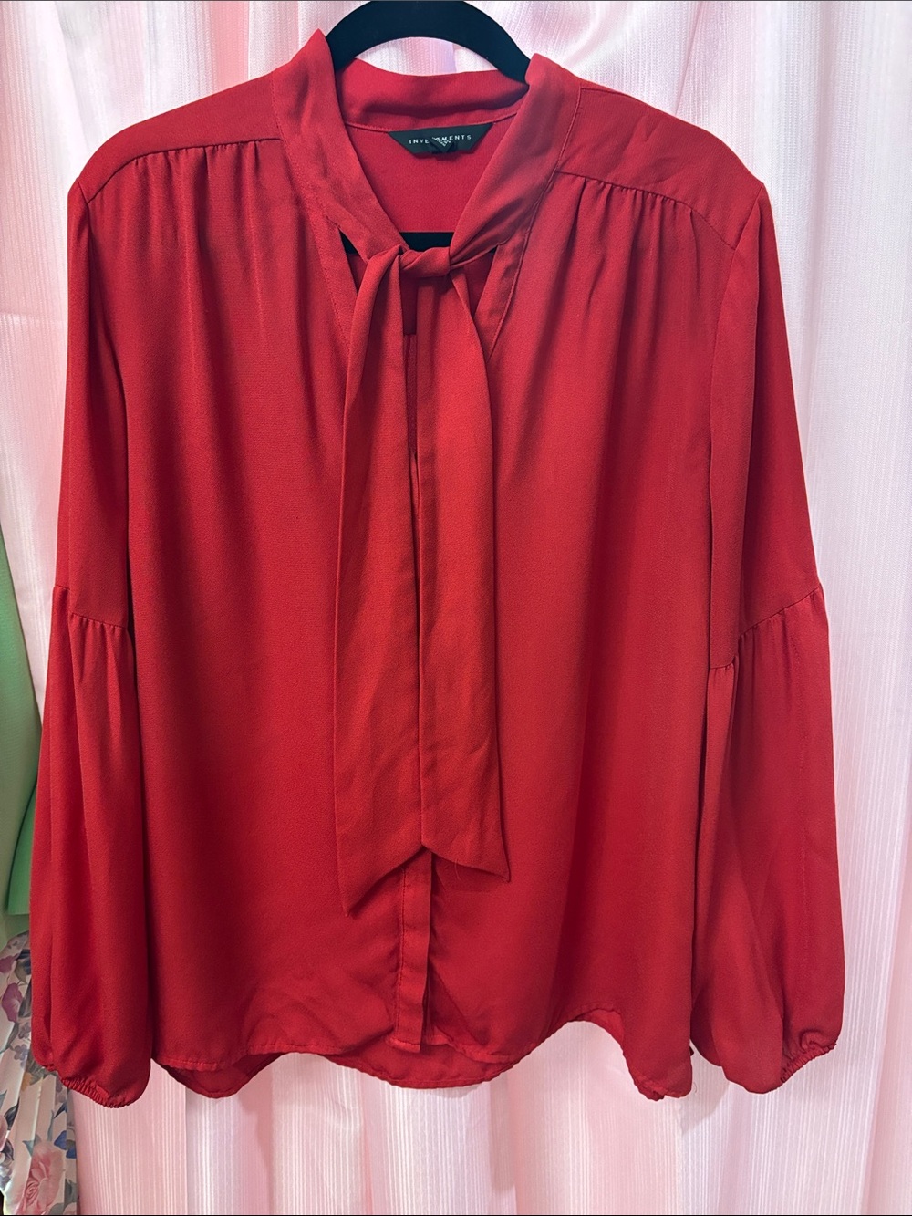 Dillard’s Investments Red Tie-Neck Blouse with Bishop Sleeves